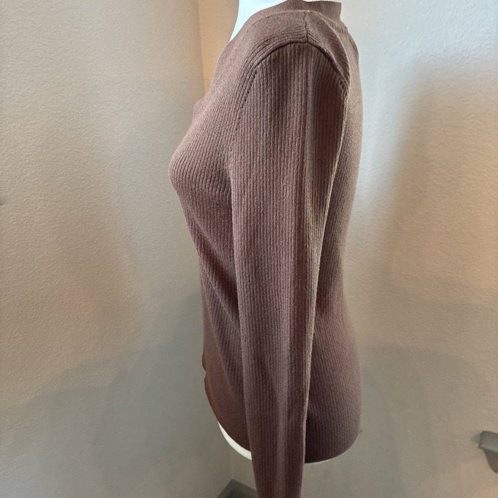 Maeve Thea Ribbed V-Neck Sweater Top Medium Honey Brown Metallic Anthropologie - Picture 3 of 10